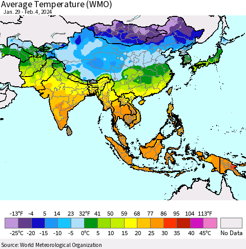 Asia Average Temperature (WMO) Thematic Map For 1/29/2024 - 2/4/2024
