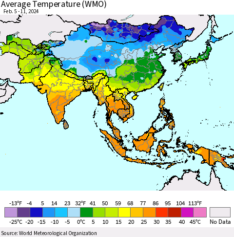 Asia Average Temperature (WMO) Thematic Map For 2/5/2024 - 2/11/2024