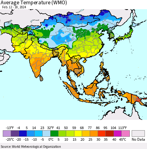 Asia Average Temperature (WMO) Thematic Map For 2/12/2024 - 2/18/2024