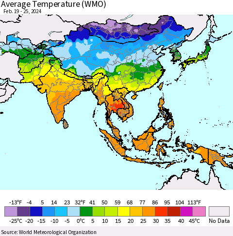 Asia Average Temperature (WMO) Thematic Map For 2/19/2024 - 2/25/2024