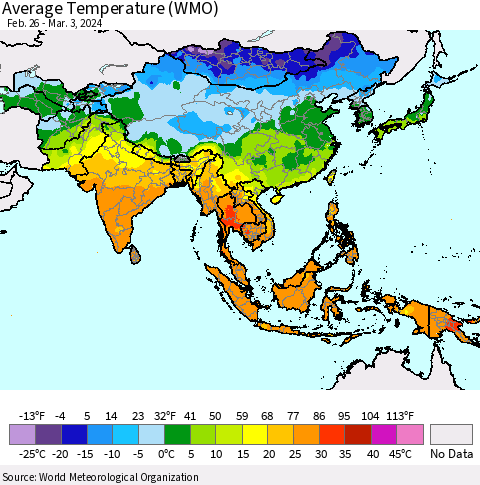 Asia Average Temperature (WMO) Thematic Map For 2/26/2024 - 3/3/2024
