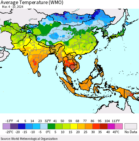 Asia Average Temperature (WMO) Thematic Map For 3/4/2024 - 3/10/2024