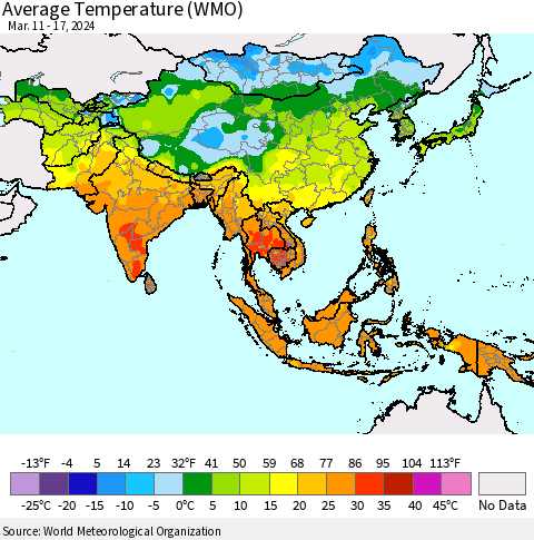 Asia Average Temperature (WMO) Thematic Map For 3/11/2024 - 3/17/2024