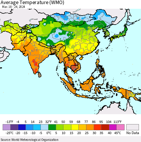 Asia Average Temperature (WMO) Thematic Map For 3/18/2024 - 3/24/2024