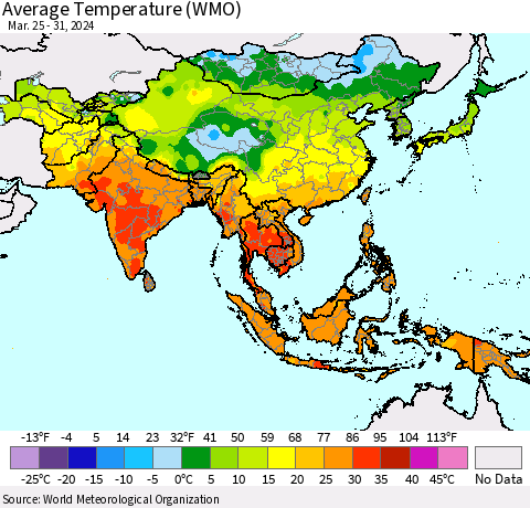 Asia Average Temperature (WMO) Thematic Map For 3/25/2024 - 3/31/2024