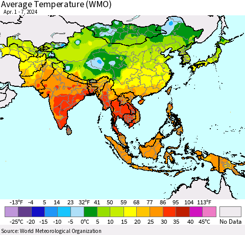 Asia Average Temperature (WMO) Thematic Map For 4/1/2024 - 4/7/2024