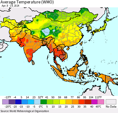 Asia Average Temperature (WMO) Thematic Map For 4/8/2024 - 4/14/2024