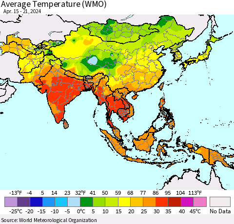 Asia Average Temperature (WMO) Thematic Map For 4/15/2024 - 4/21/2024