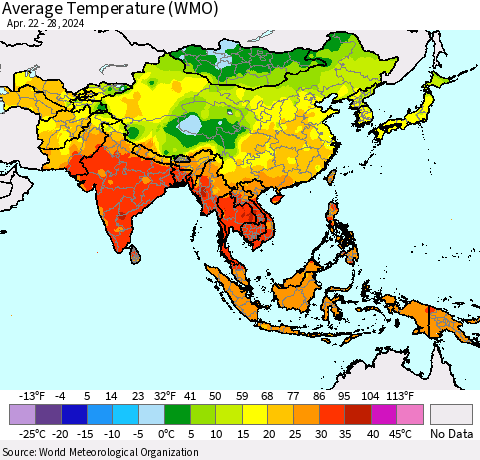 Asia Average Temperature (WMO) Thematic Map For 4/22/2024 - 4/28/2024