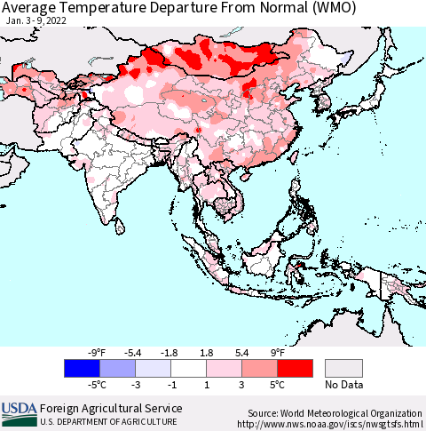 Asia Average Temperature Departure from Normal (WMO) Thematic Map For 1/3/2022 - 1/9/2022