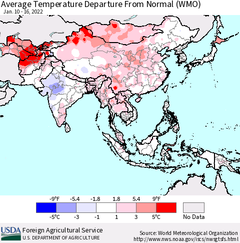 Asia Average Temperature Departure from Normal (WMO) Thematic Map For 1/10/2022 - 1/16/2022