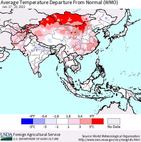Asia Average Temperature Departure from Normal (WMO) Thematic Map For 1/17/2022 - 1/23/2022