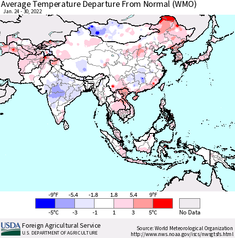 Asia Average Temperature Departure from Normal (WMO) Thematic Map For 1/24/2022 - 1/30/2022