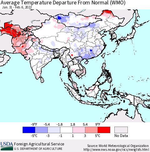 Asia Average Temperature Departure from Normal (WMO) Thematic Map For 1/31/2022 - 2/6/2022