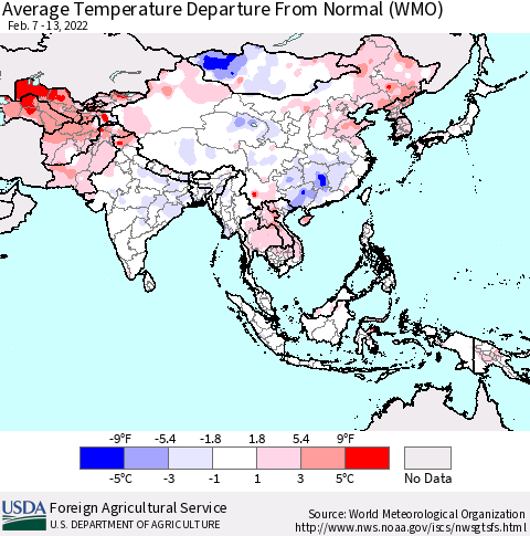 Asia Average Temperature Departure from Normal (WMO) Thematic Map For 2/7/2022 - 2/13/2022