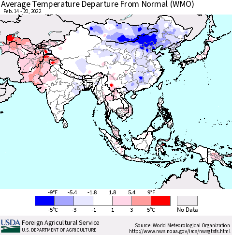 Asia Average Temperature Departure from Normal (WMO) Thematic Map For 2/14/2022 - 2/20/2022