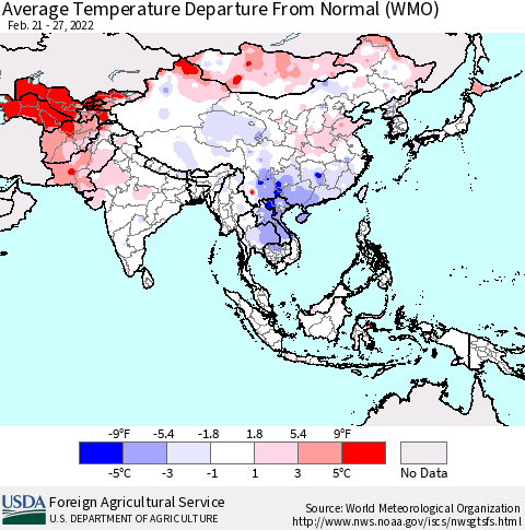 Asia Average Temperature Departure from Normal (WMO) Thematic Map For 2/21/2022 - 2/27/2022