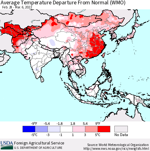 Asia Average Temperature Departure from Normal (WMO) Thematic Map For 2/28/2022 - 3/6/2022