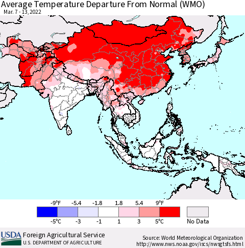 Asia Average Temperature Departure from Normal (WMO) Thematic Map For 3/7/2022 - 3/13/2022