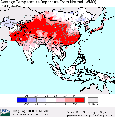 Asia Average Temperature Departure from Normal (WMO) Thematic Map For 3/14/2022 - 3/20/2022