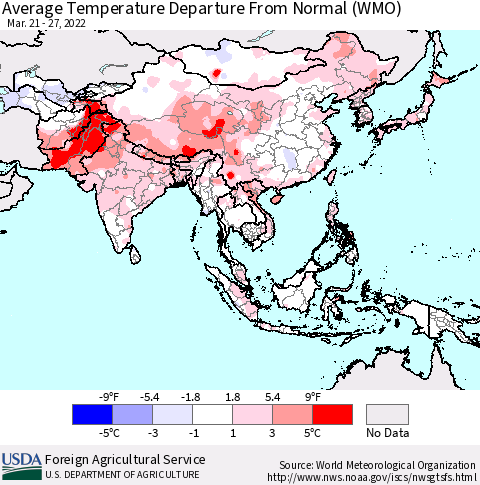 Asia Average Temperature Departure from Normal (WMO) Thematic Map For 3/21/2022 - 3/27/2022