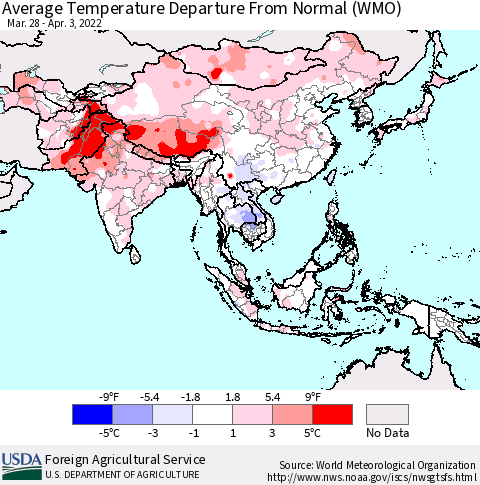 Asia Average Temperature Departure from Normal (WMO) Thematic Map For 3/28/2022 - 4/3/2022