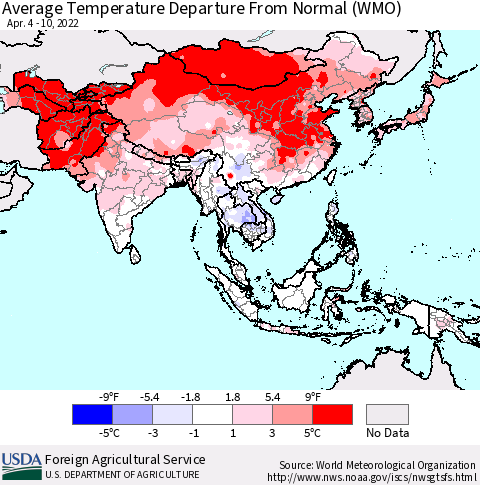 Asia Average Temperature Departure from Normal (WMO) Thematic Map For 4/4/2022 - 4/10/2022