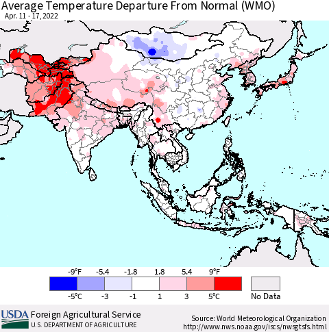 Asia Average Temperature Departure from Normal (WMO) Thematic Map For 4/11/2022 - 4/17/2022