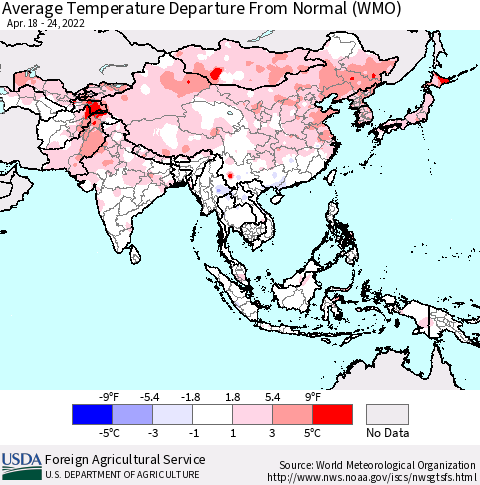 Asia Average Temperature Departure from Normal (WMO) Thematic Map For 4/18/2022 - 4/24/2022