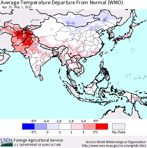 Asia Average Temperature Departure from Normal (WMO) Thematic Map For 4/25/2022 - 5/1/2022
