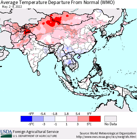 Asia Average Temperature Departure from Normal (WMO) Thematic Map For 5/2/2022 - 5/8/2022