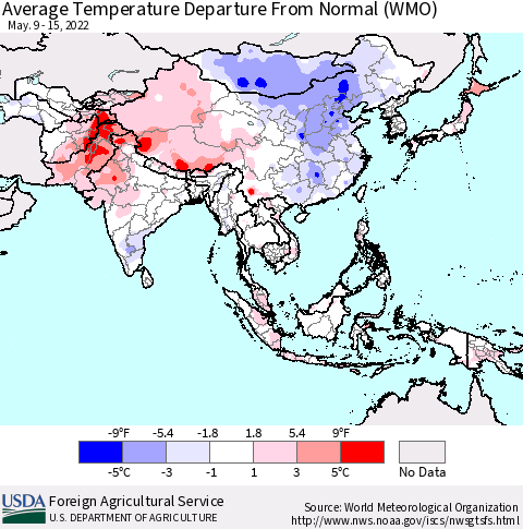 Asia Average Temperature Departure from Normal (WMO) Thematic Map For 5/9/2022 - 5/15/2022