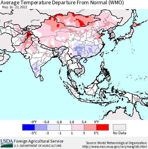 Asia Average Temperature Departure from Normal (WMO) Thematic Map For 5/16/2022 - 5/22/2022