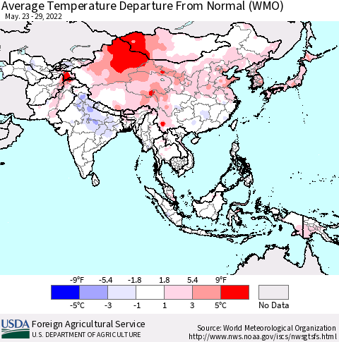 Asia Average Temperature Departure from Normal (WMO) Thematic Map For 5/23/2022 - 5/29/2022