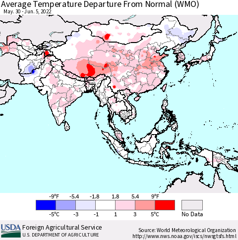 Asia Average Temperature Departure from Normal (WMO) Thematic Map For 5/30/2022 - 6/5/2022