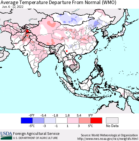 Asia Average Temperature Departure from Normal (WMO) Thematic Map For 6/6/2022 - 6/12/2022