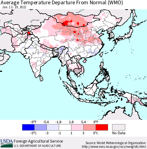 Asia Average Temperature Departure from Normal (WMO) Thematic Map For 6/13/2022 - 6/19/2022