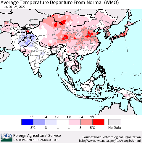 Asia Average Temperature Departure from Normal (WMO) Thematic Map For 6/20/2022 - 6/26/2022