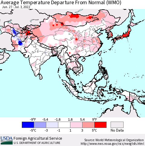 Asia Average Temperature Departure from Normal (WMO) Thematic Map For 6/27/2022 - 7/3/2022