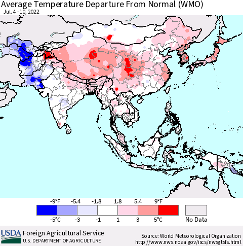 Asia Average Temperature Departure from Normal (WMO) Thematic Map For 7/4/2022 - 7/10/2022