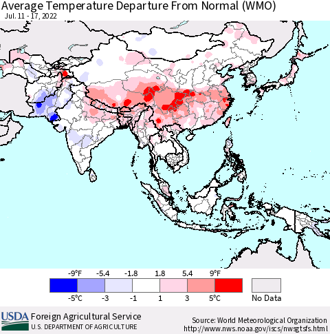 Asia Average Temperature Departure from Normal (WMO) Thematic Map For 7/11/2022 - 7/17/2022