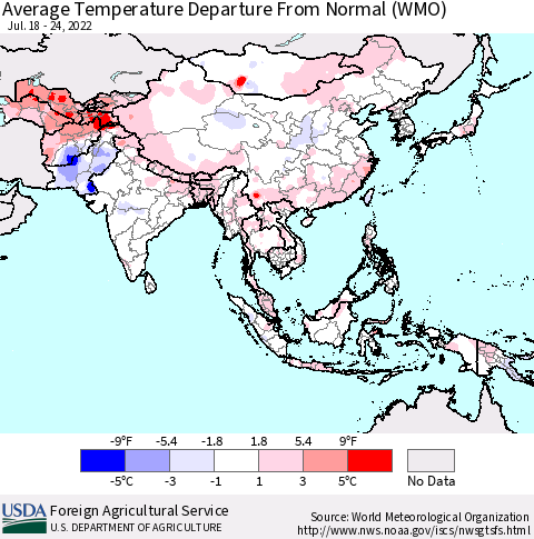 Asia Average Temperature Departure from Normal (WMO) Thematic Map For 7/18/2022 - 7/24/2022