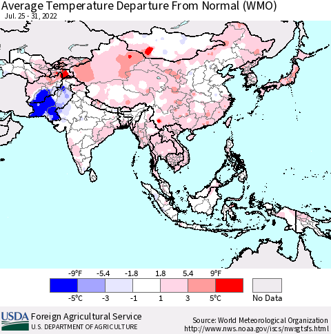 Asia Average Temperature Departure from Normal (WMO) Thematic Map For 7/25/2022 - 7/31/2022