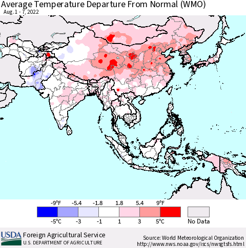 Asia Average Temperature Departure from Normal (WMO) Thematic Map For 8/1/2022 - 8/7/2022