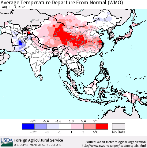 Asia Average Temperature Departure from Normal (WMO) Thematic Map For 8/8/2022 - 8/14/2022