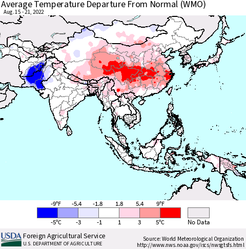 Asia Average Temperature Departure from Normal (WMO) Thematic Map For 8/15/2022 - 8/21/2022