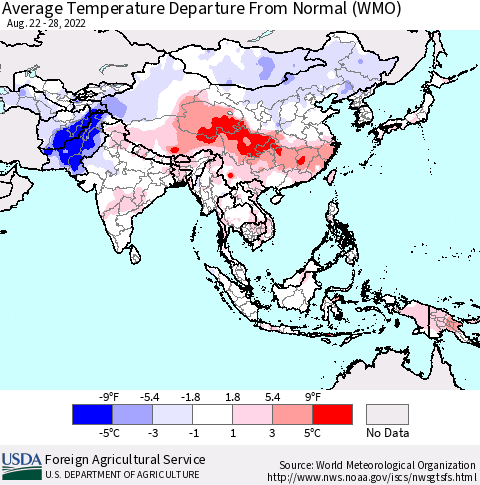 Asia Average Temperature Departure from Normal (WMO) Thematic Map For 8/22/2022 - 8/28/2022