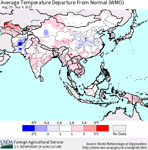 Asia Average Temperature Departure from Normal (WMO) Thematic Map For 8/29/2022 - 9/4/2022