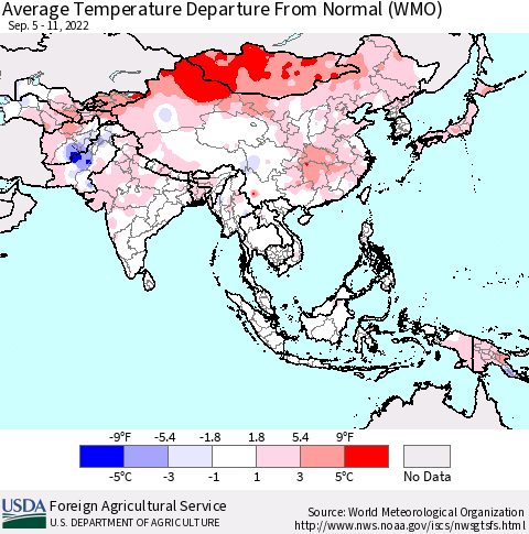 Asia Average Temperature Departure from Normal (WMO) Thematic Map For 9/5/2022 - 9/11/2022