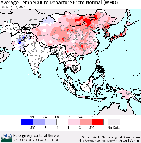Asia Average Temperature Departure from Normal (WMO) Thematic Map For 9/12/2022 - 9/18/2022